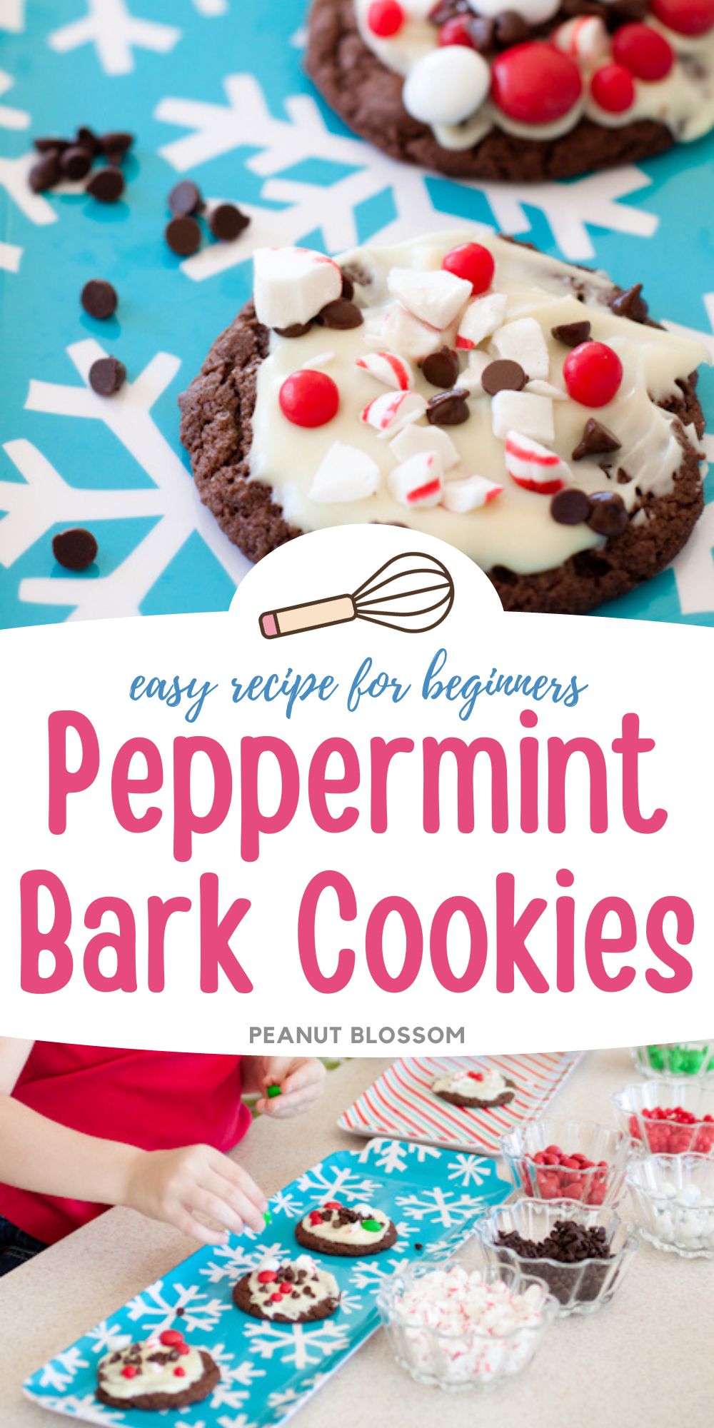 The photo collage shows the finished peppermint bark cookie next to a photo of kids decorating the tops with candies.