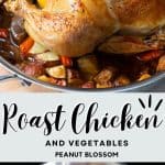 The photo collage shows the roast chicken in a pan with vegetables.