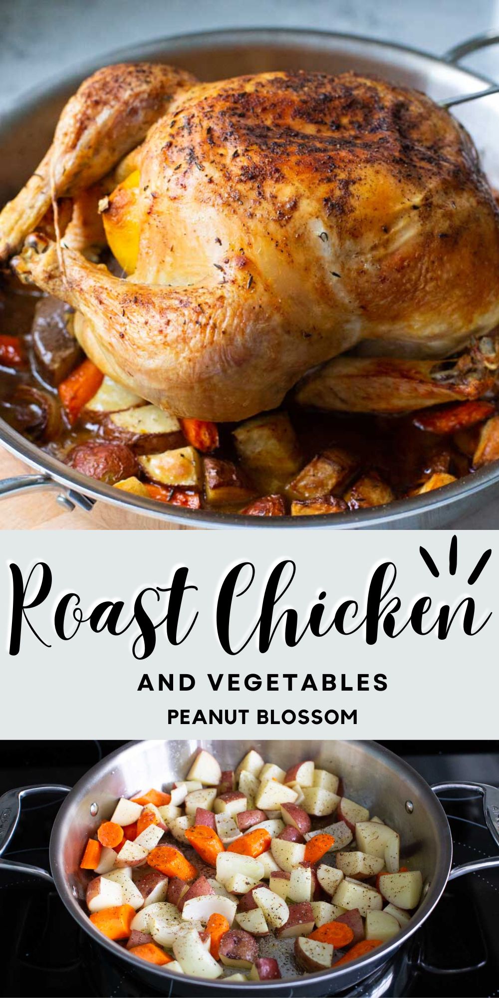 The photo collage shows the roast chicken in a pan with vegetables.