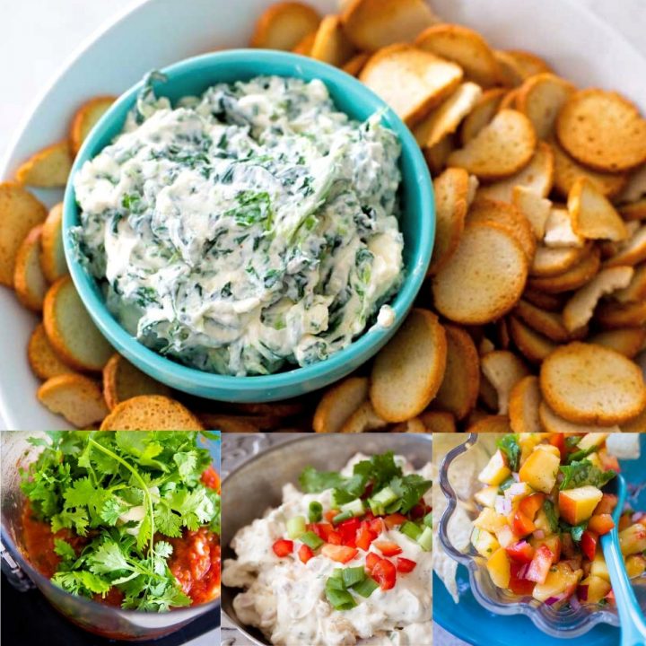 A photo collage shows a variety of vegetable dips that have veggies in the actual recipe.