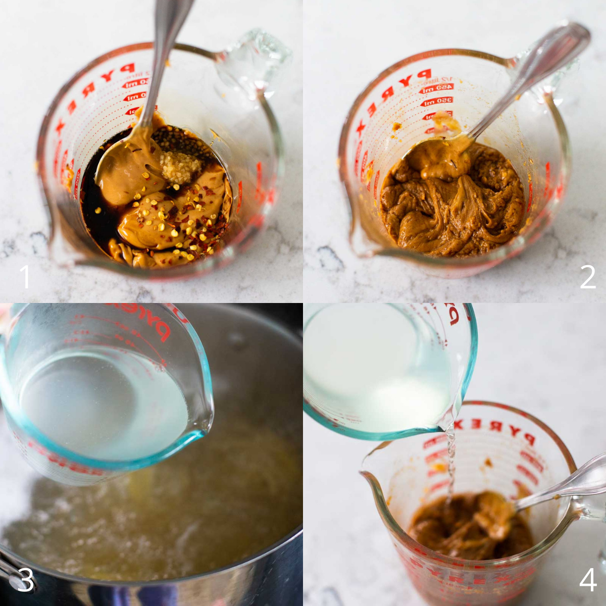 Step by step photos show how to make the peanut butter sauce for noodles.