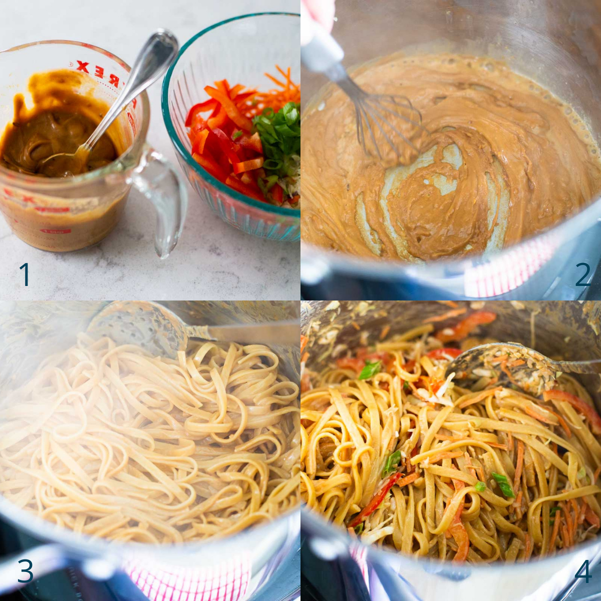 Step by step photos show how to toss the pasta in the peanut butter sauce.