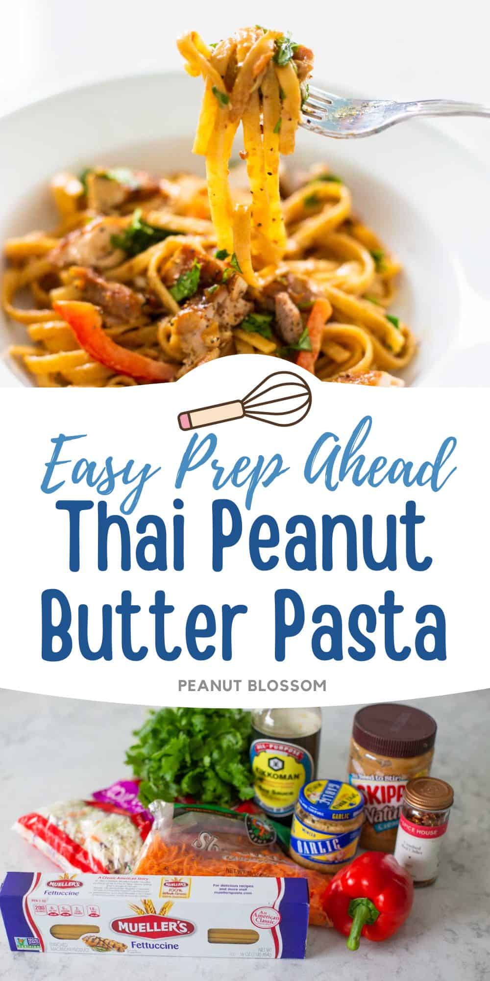 The photo collage shows the bowl of peanut butter pasta being forked for a bite next to the ingredients needed to make it.