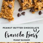 The photo collage shows the sliced granola bars sprinkled with chocolate chips on top and the baking pan cooling on the bottom.