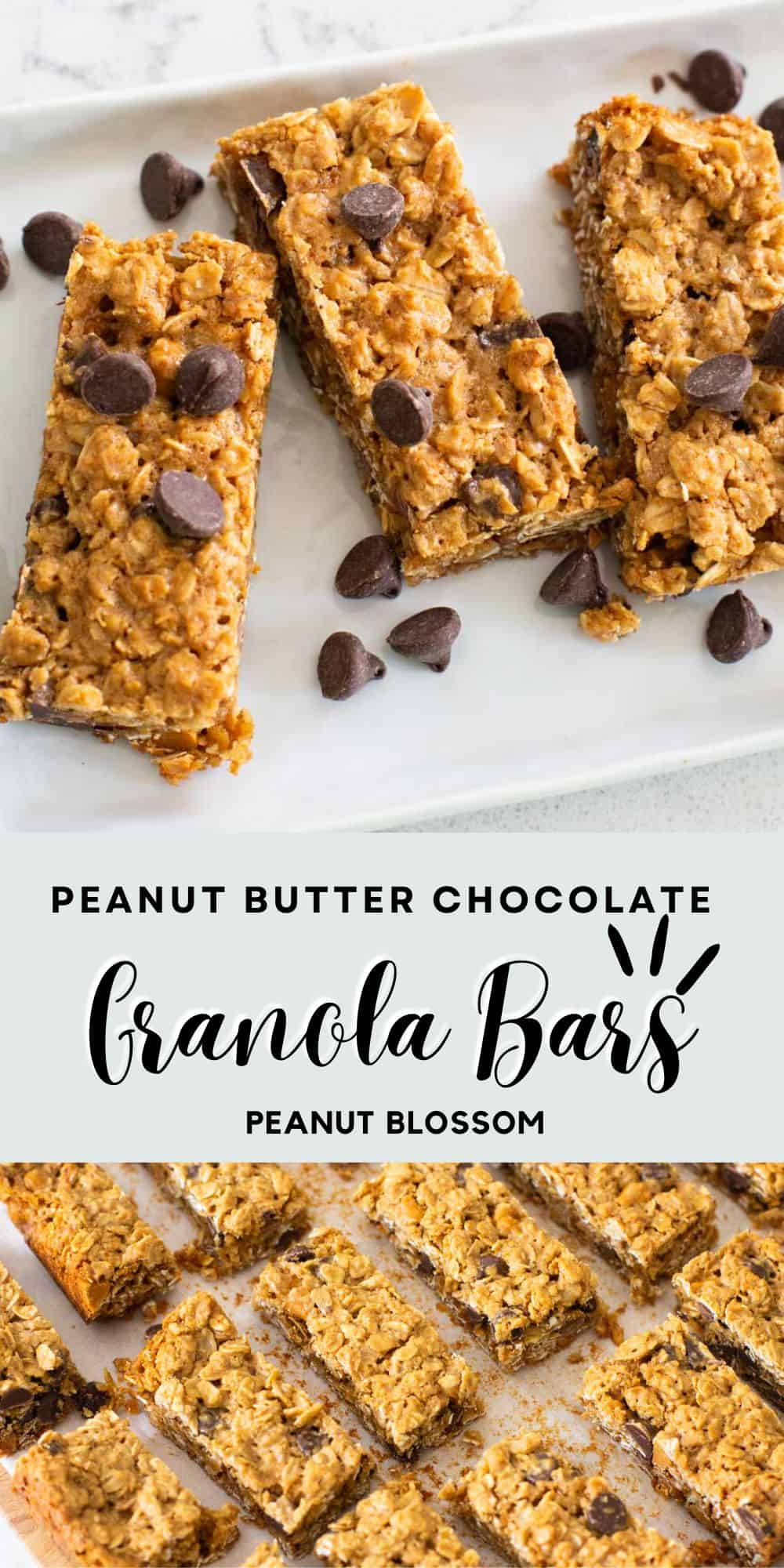 The photo collage shows the sliced granola bars sprinkled with chocolate chips on top and the baking pan cooling on the bottom.