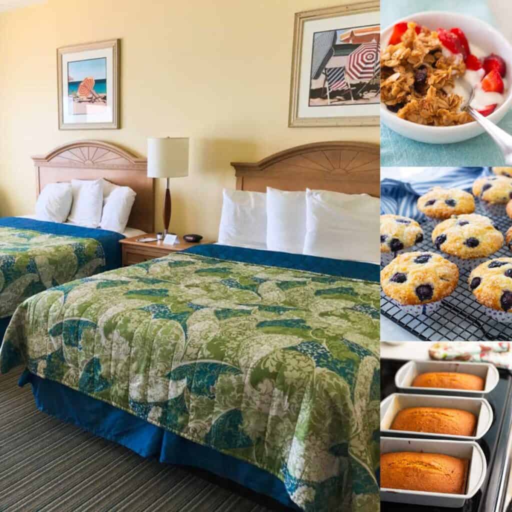 The photo collage shows a hotel room with two full beds next to 3 recipes to bring for a hotel picnic.
