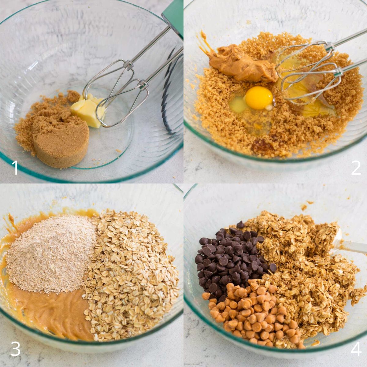 The step by step photo collage shows how to beat together the granola bar batter.