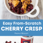 A graphic shows the finished cherry crisp on top and the ingredients needed below.