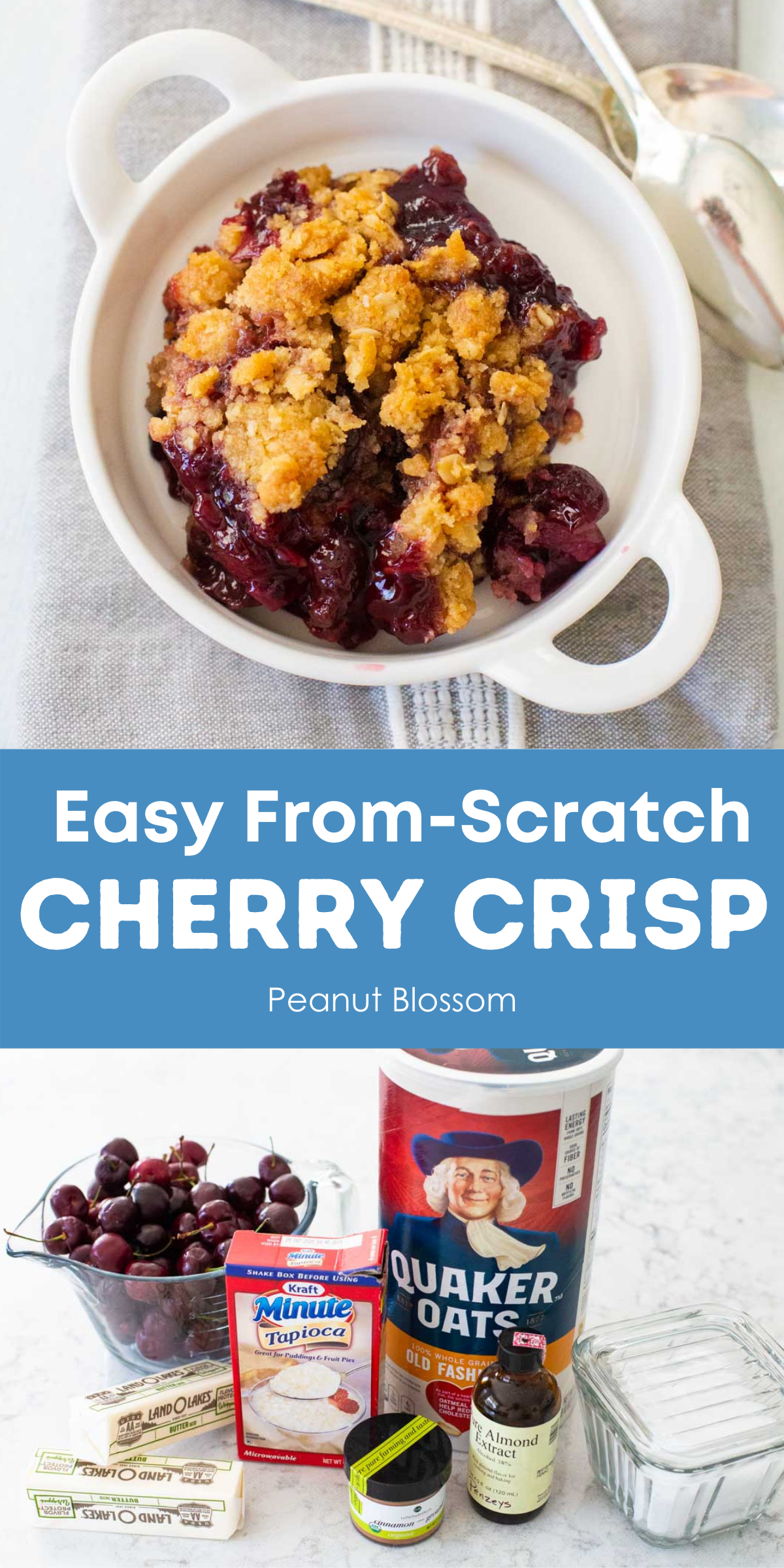 A graphic shows the finished cherry crisp on top and the ingredients needed below.