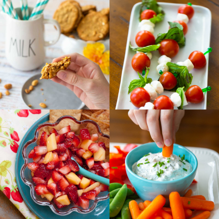 A photo collage shows a variety of fresh and healthy after school snacks for kids.