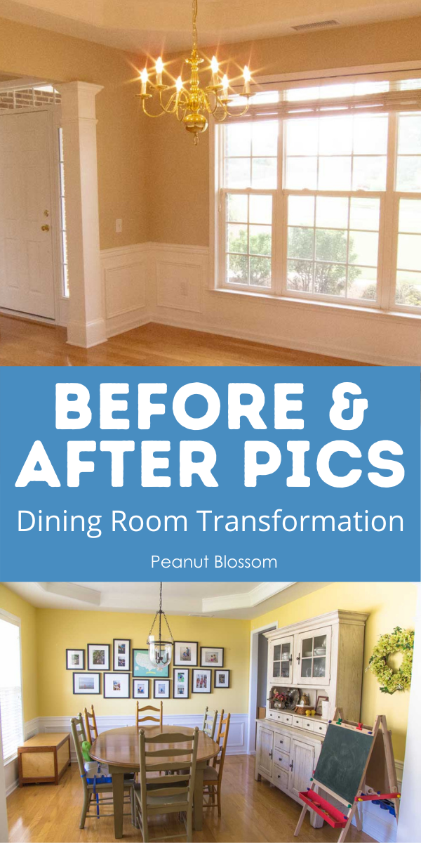 The before and after pictures of the finished dining room transformation. 