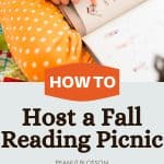 The photo collage shows a kid in pjs reading picture books in the living room with breakfast treats next to a photo collage of fun fall picture books for kids.