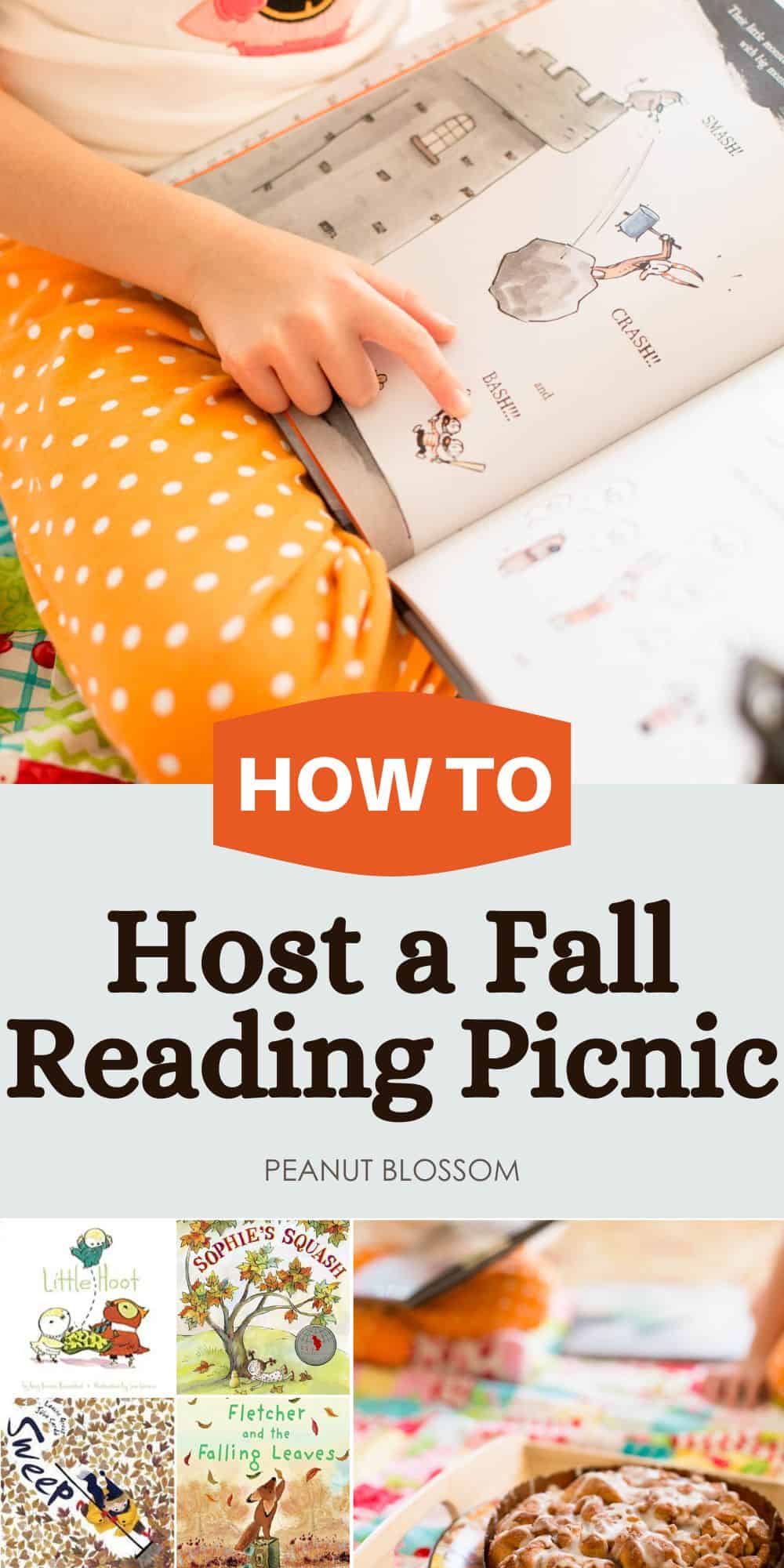 The photo collage shows a kid in pjs reading picture books in the living room with breakfast treats next to a photo collage of fun fall picture books for kids.