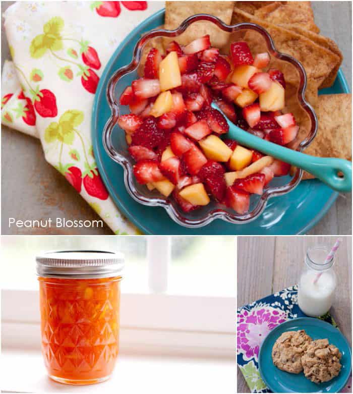 A photo collage of several snack options for after school includes a fruit salsa, jam with toast, and cookies and milk.