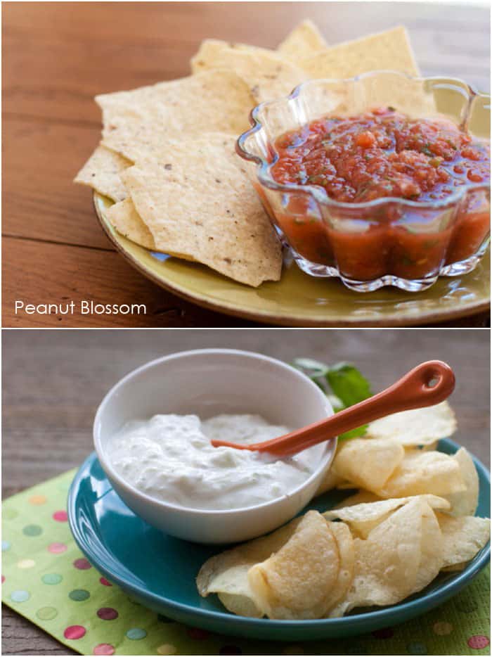 A bowl of salsa with chips next to a photo of a bowl of creamy dip next to potato chips.