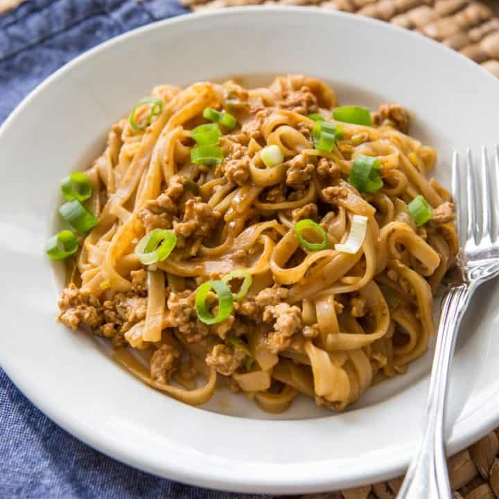 chinese noodles with pork & spicy peanut sauce