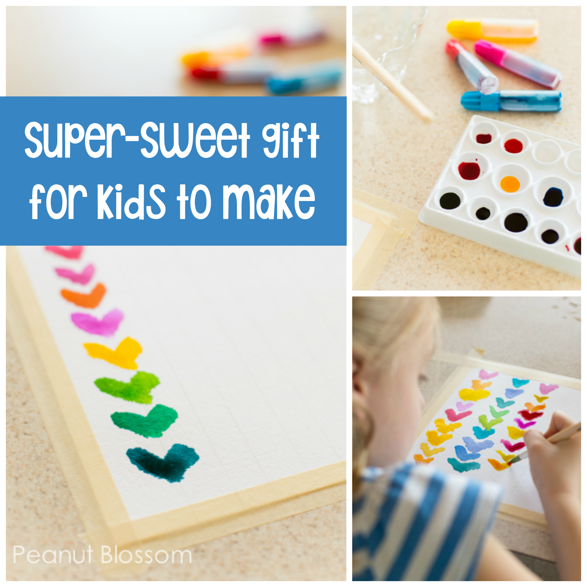Super-sweet gift for kids to make: This rainbow hearts watercolor paint project is easy for even the littlest ones to paint for a sweet gift.