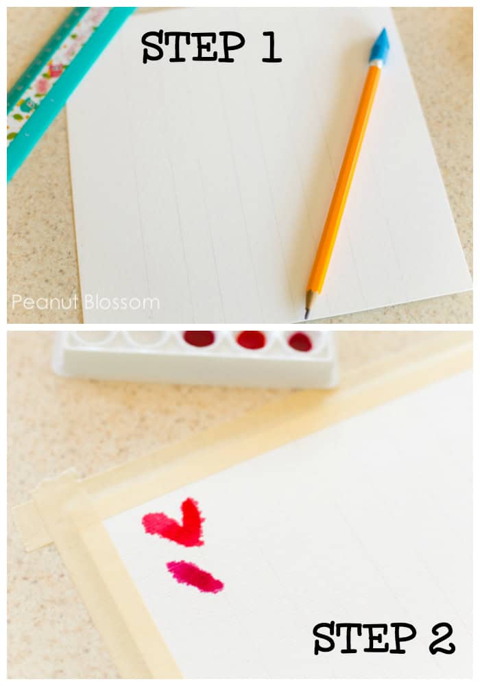 How to prepare the paper for the cutest watercolor painting project ever. Step 1: Draw lines on the paper. Step 2: Create a border with masking tape and begin painting the hearts.