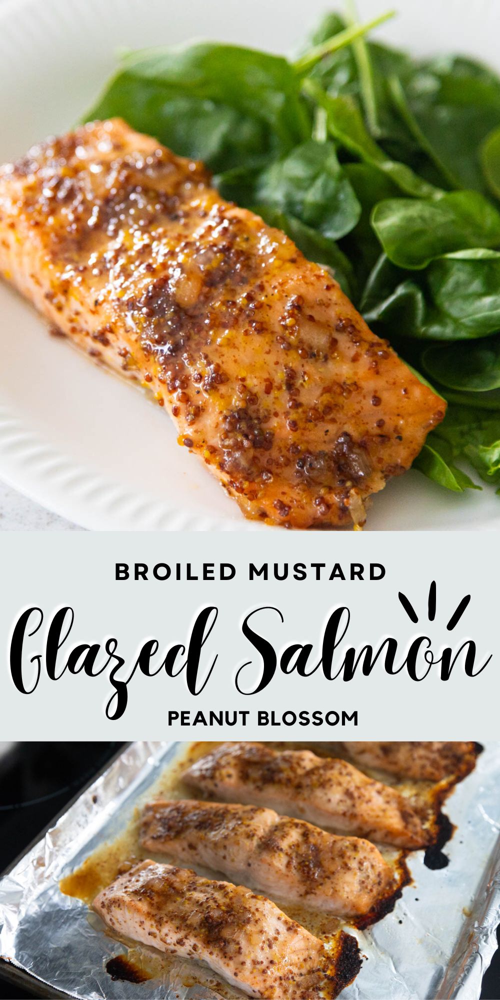 The photo collage shows the glazed salmon on the dinner plate next to baby spinach next to a photo of the salmon filets fresh from the broiler cooling on the stovetop.