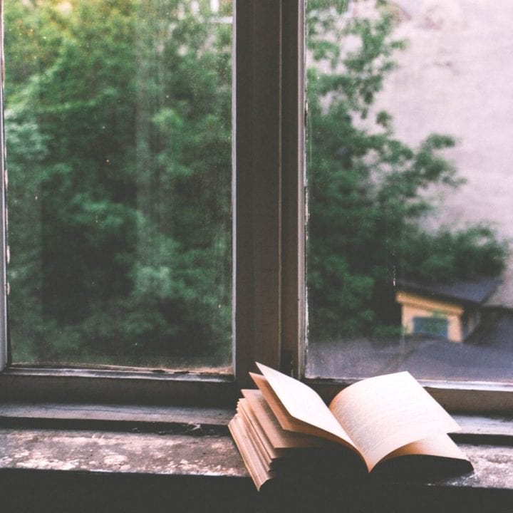 A book is abandoned in a windowsill.