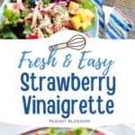 The photo collage shows a fruity salad with the homemade dressing next to a photo of a collander filled with strawberries.