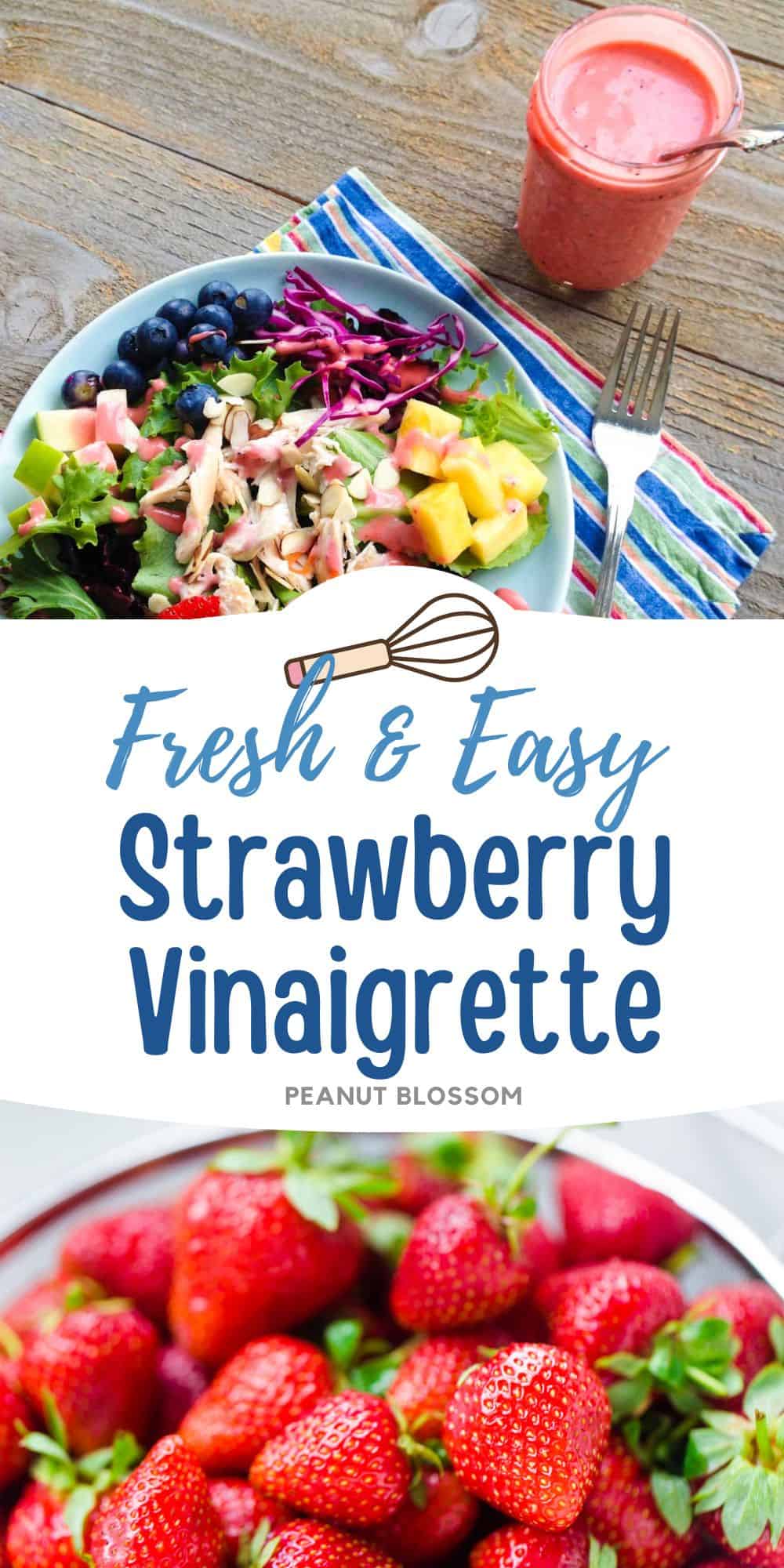 The photo collage shows a fruity salad with the homemade dressing next to a photo of a collander filled with strawberries.
