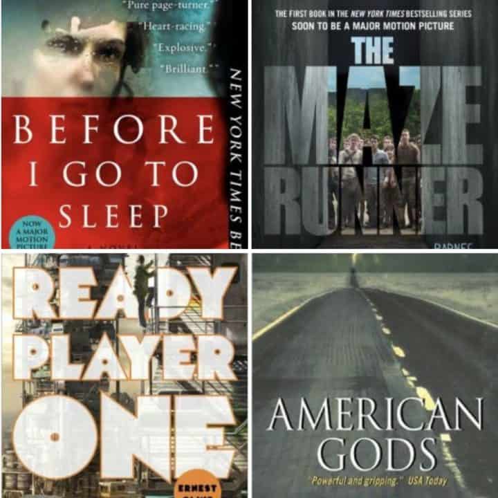 A collage of book covers that have been turned into action movies.