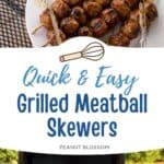 The meatball skewers are on a plate served at the table. The second photo is of them cooking on the grill.