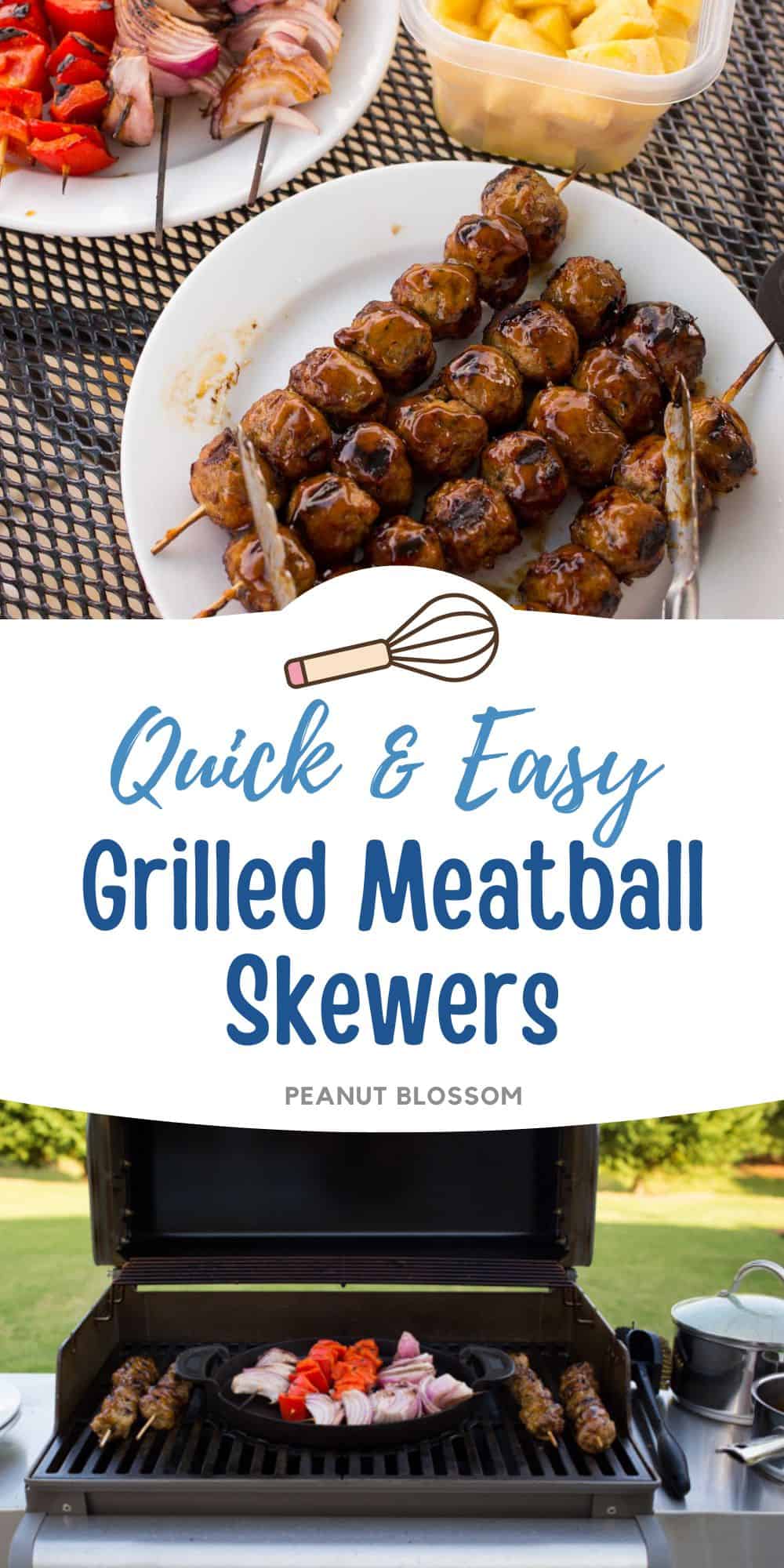 The meatball skewers are on a plate served at the table. The second photo is of them cooking on the grill.
