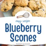 The photo collage shows a blueberry scone broken open to show the inside next to the scones on a baking pan being sprinkled with sugar.