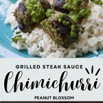 The photo collage shows a dinner plate with chimichurri steak chunks over rice next to a photo of the beef kabobs on the grill.