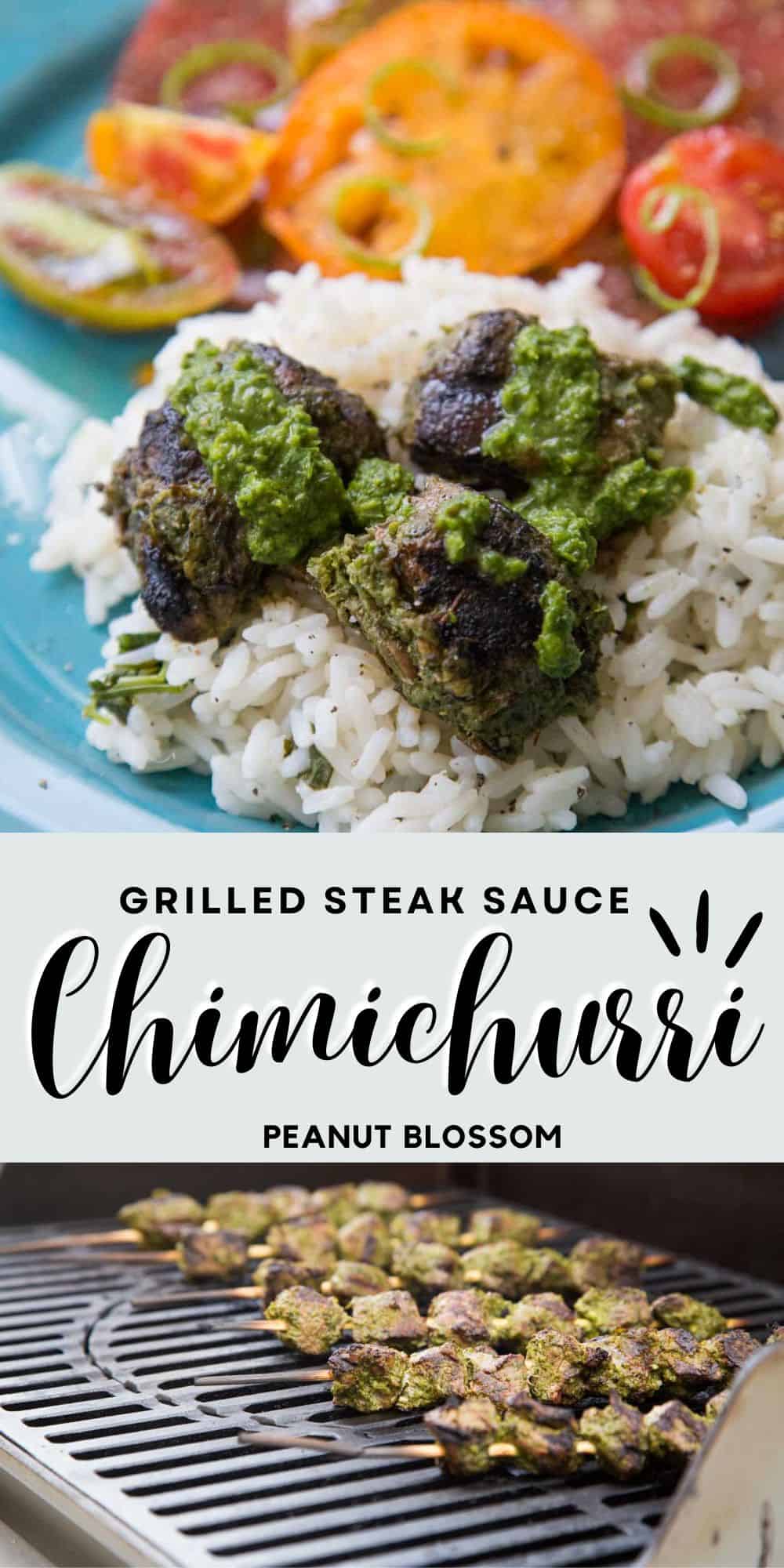 The photo collage shows a dinner plate with chimichurri steak chunks over rice next to a photo of the beef kabobs on the grill.