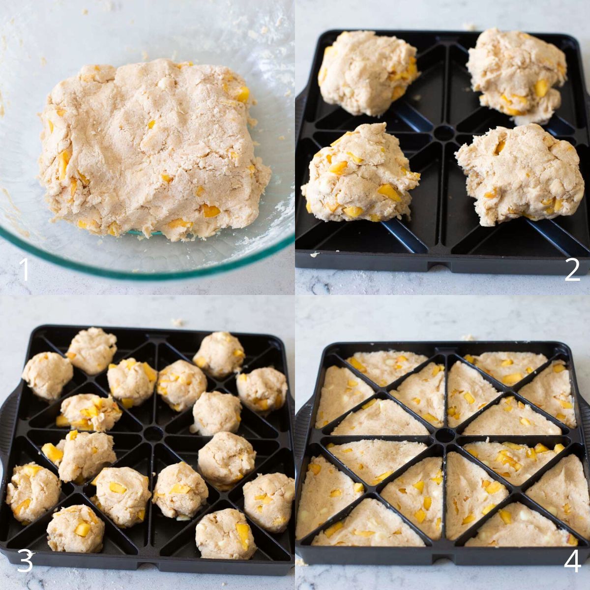 The step by step photos show how to properly divide the dough for the scones into the scone baking pan.
