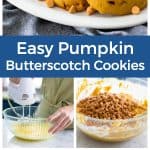 The photo collage shows the pumpkin cookies on the platter next to a photo of the one bowl used to mix up the batter with butterscotch chips on top.