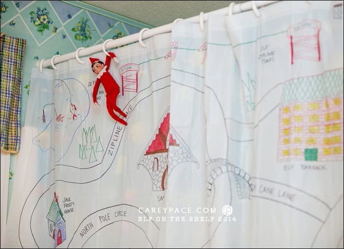 Map of the North Pole on a shower curtain by Carey Pace 2014 for Elf on the Shelf