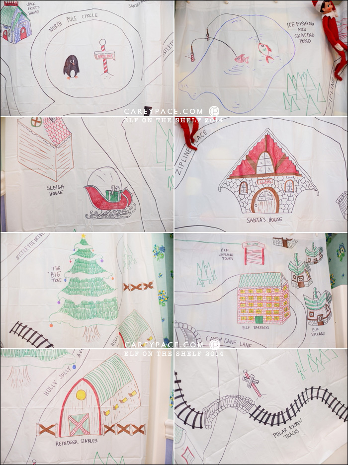 Map of the North Pole on a shower curtain by Carey Pace 2014 for Elf on the Shelf