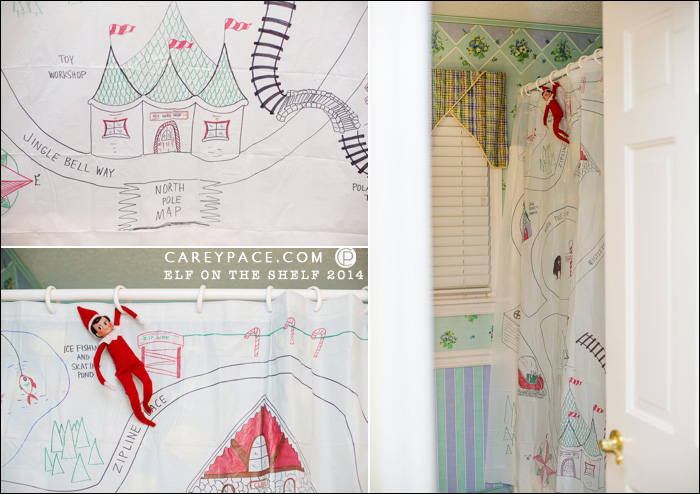 Map of the North Pole on a shower curtain by Carey Pace 2014 for Elf on the Shelf