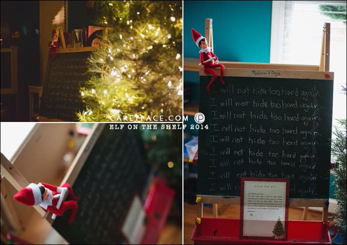 Elf on the Shelf writes on chalkboard by Carey Pace 2014