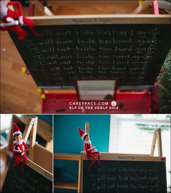 Elf on the Shelf writes on chalkboard by Carey Pace 2014