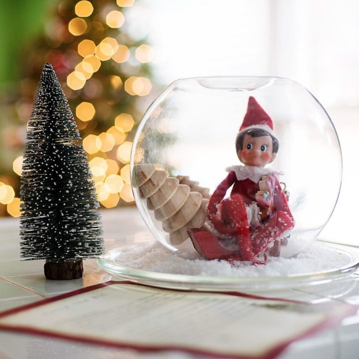 An Elf on the Shelf is hiding in a glass bowl pretending to be a snow globe. There's a small toy tree next to the bowl.