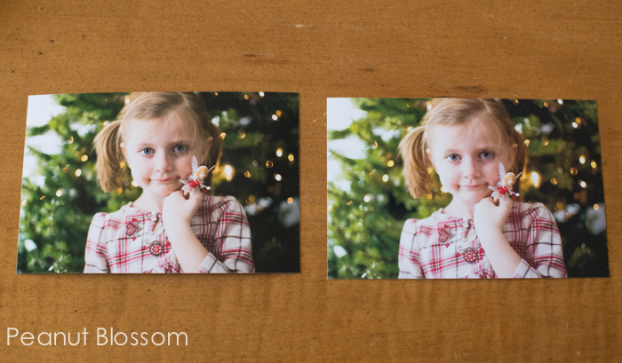 Side by side photo prints on a table so you can see the comparison.