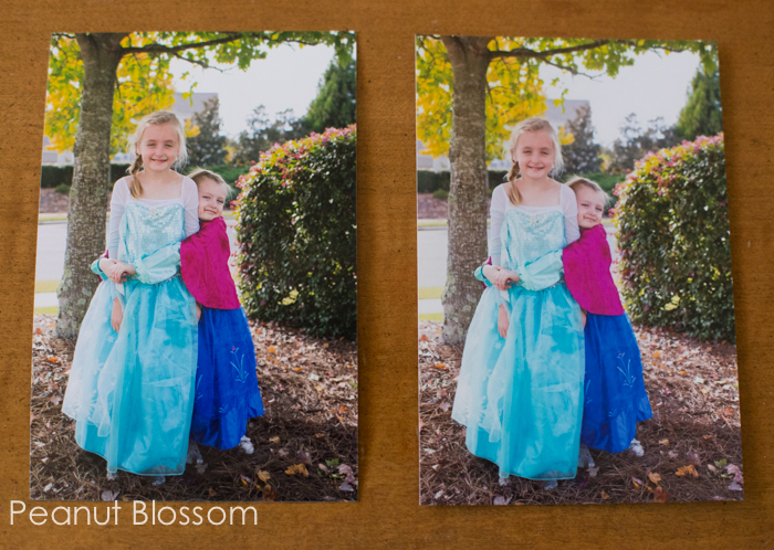 Side by side printed photos show two girls in Halloween costumes.