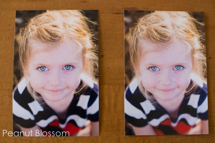 Side by side printed photos show a girl smiling at the camera.