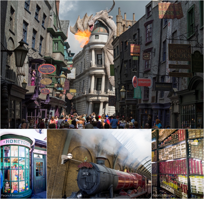 The photo collage shows several sights form the Harry Potter World at Universal Orlando.