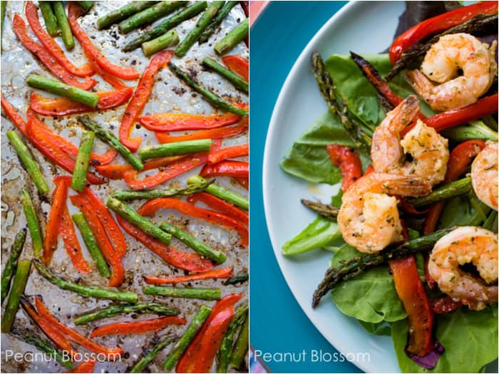 Lemon and Garlic Shrimp with roasted red peppers and asparagus salad