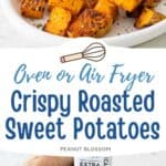 The photo collage shows the serving platter of roasted sweet potatoes next to a photo of the ingredients needed to make it.