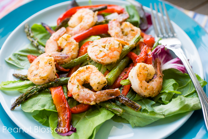 Lemon and Garlic Shrimp with roasted red peppers and asparagus salad