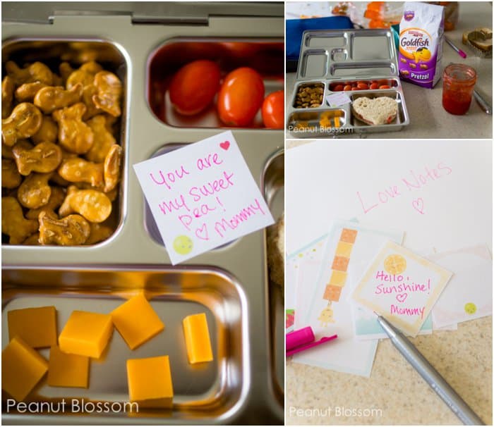 A collage of pictures showing how to pack a Kindergarten lunch in a bento box with a love note.