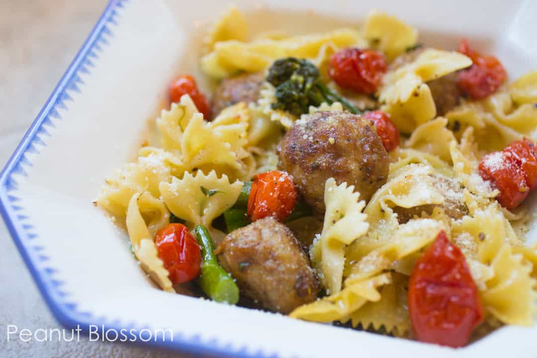 Kidfriendly pasta with roasted broccolini and tomatoes