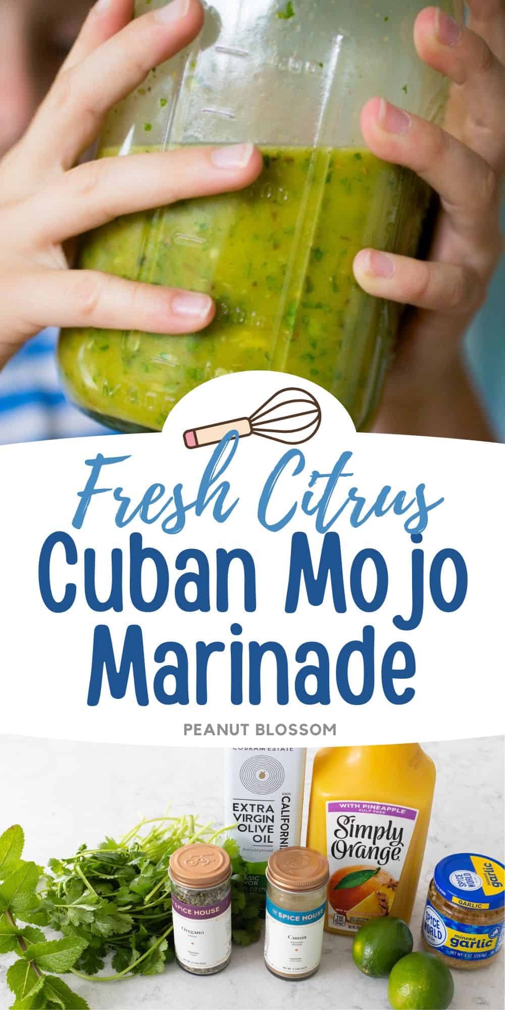 A jar of the green marinade next to a photo of the ingredients used to make it.